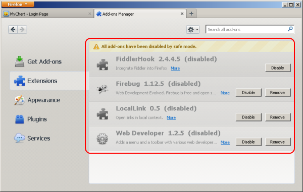 Manage Add-ons Window Manage Add-ons Window